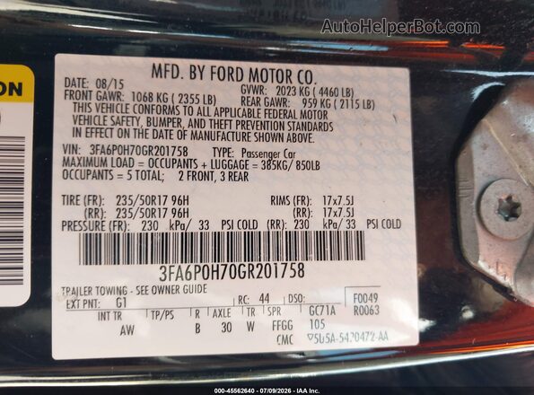 3FA6P0H70GR201758 2016 FORD FUSION Black ძრავის განყოფილების ხედი