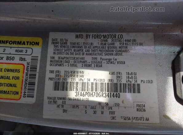 3FA6P0H70GR341440 2016 FORD FUSION Silver Engine compartment view