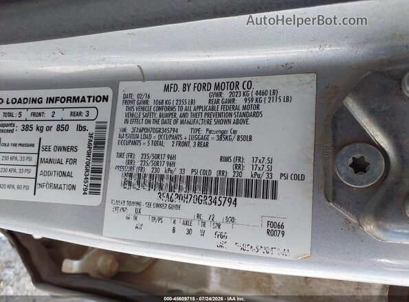 3FA6P0H70GR345794 2016 FORD FUSION Silver Вид підкапотного простору
