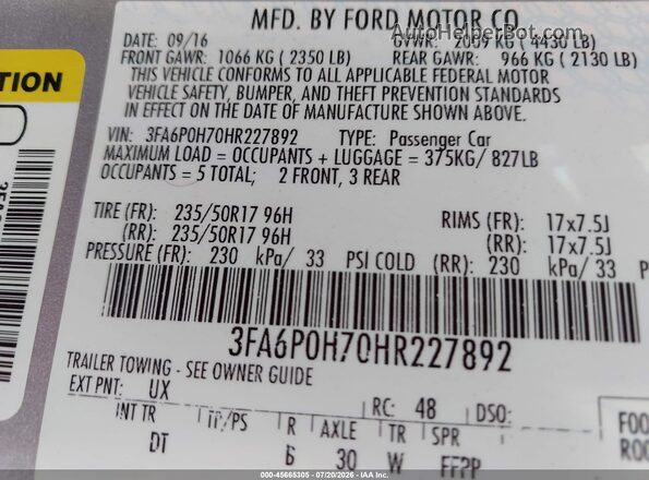 3FA6P0H70HR227892 2017 FORD FUSION Silver Շարժիչի բաժամունքի տեսք