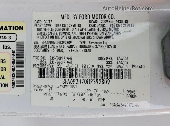3FA6P0H70HR392809 2017 FORD FUSION White Շարժիչի բաժամունքի տեսք