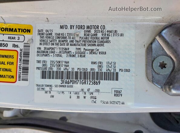 3FA6P0H71GR125869 2016 FORD FUSION White Widok komory silnika