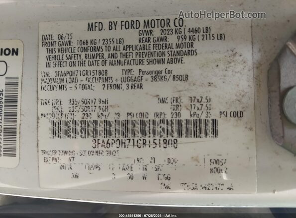 3FA6P0H71GR151808 2016 FORD FUSION White Vista del compartimento del motor