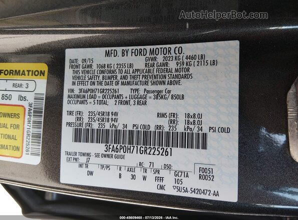 3FA6P0H71GR225261 2016 FORD FUSION Gray Widok komory silnika