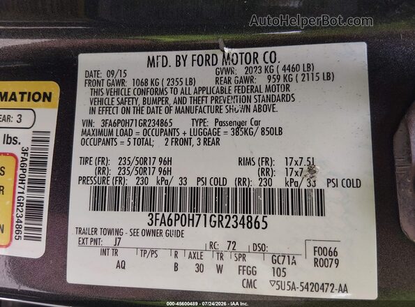 3FA6P0H71GR234865 2016 FORD FUSION Gray Vista del compartimento del motor
