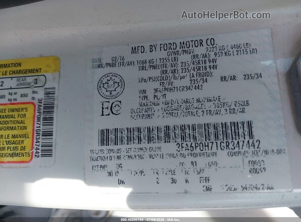 3FA6P0H71GR347442 2016 FORD FUSION Белый Вид подкапотного пространства