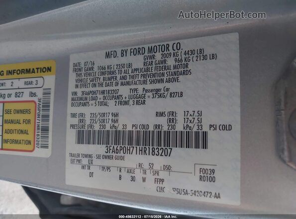 3FA6P0H71HR183207 2017 FORD FUSION Серебряный Вид подкапотного пространства