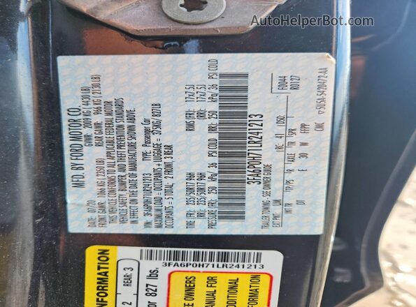 3FA6P0H71LR241213 2020 FORD FUSION Black Շարժիչի բաժամունքի տեսք