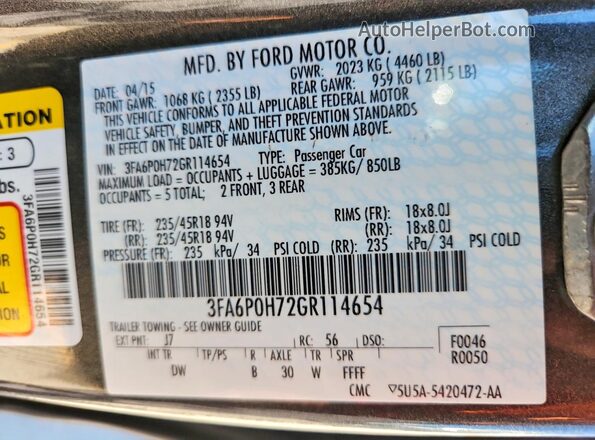 3FA6P0H72GR114654 2016 FORD FUSION Charcoal Vista del compartimento del motor