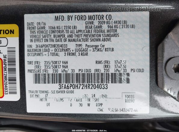 3FA6P0H72HR204033 2017 FORD FUSION Серый Вид подкапотного пространства