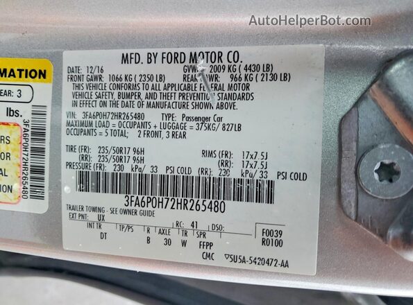 3FA6P0H72HR265480 2017 FORD FUSION Серебряный Вид подкапотного пространства