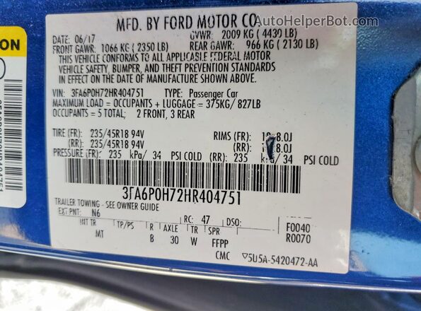 3FA6P0H72HR404751 2017 FORD FUSION Blue Вид підкапотного простору