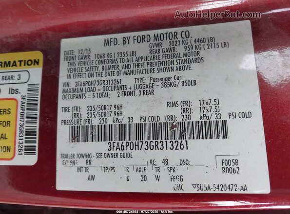 3FA6P0H73GR313261 2016 FORD FUSION Red Widok komory silnika