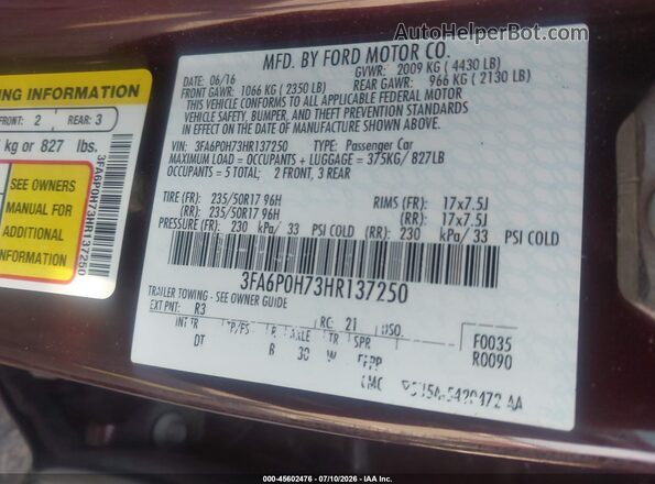 3FA6P0H73HR137250 2017 FORD FUSION Бордовый Вид подкапотного пространства