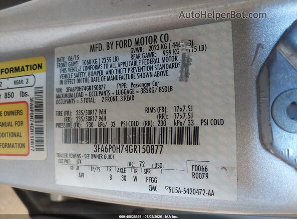3FA6P0H74GR150877 2016 FORD FUSION Silver Widok komory silnika