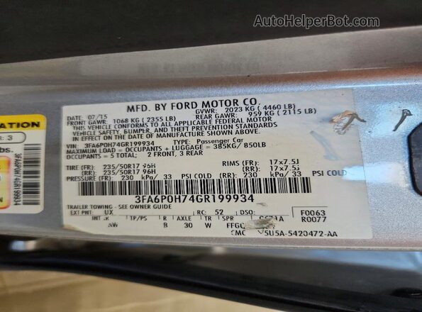 3FA6P0H74GR199934 2016 FORD FUSION Silver Vista de la etiqueta del VIN