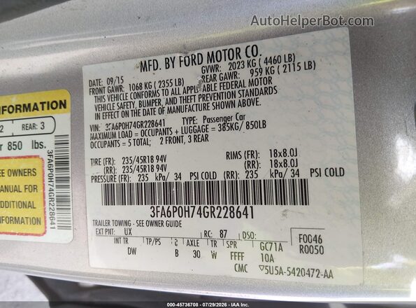 3FA6P0H74GR228641 2016 FORD FUSION Silver ძრავის განყოფილების ხედი