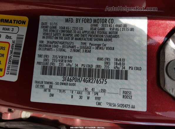 3FA6P0H74GR276575 2016 FORD FUSION Красный Вид подкапотного пространства