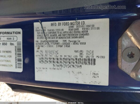 3FA6P0H74GR283588 2016 FORD FUSION Blue 