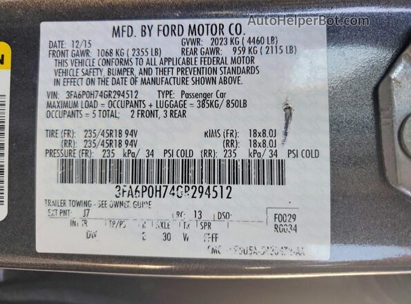 3FA6P0H74GR294512 2016 FORD FUSION Gray Engine compartment view
