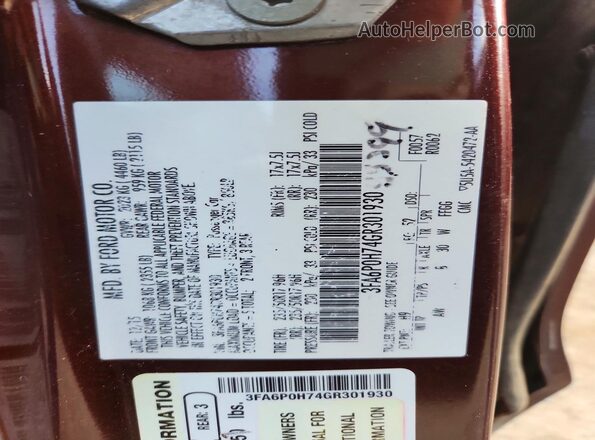 3FA6P0H74GR301930 2016 FORD FUSION Brown VIN კოდის სტიკერის ხედი