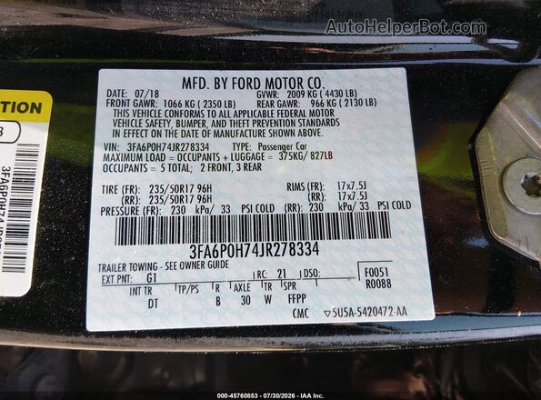 3FA6P0H74JR278334 2018 FORD FUSION Black Вид підкапотного простору