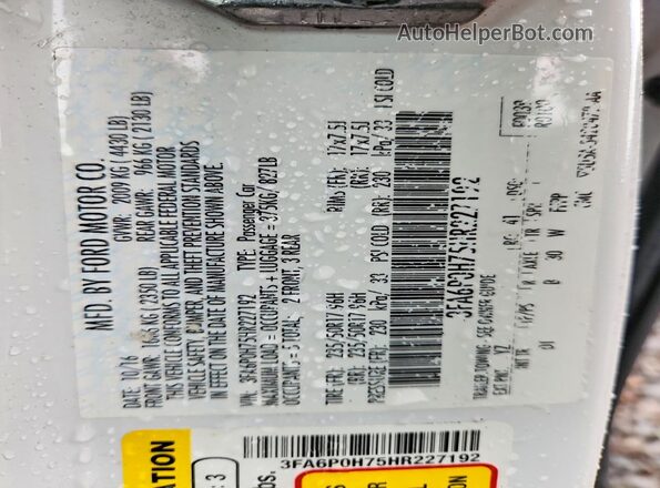 3FA6P0H75HR227192 2017 FORD FUSION White VIN sticker view