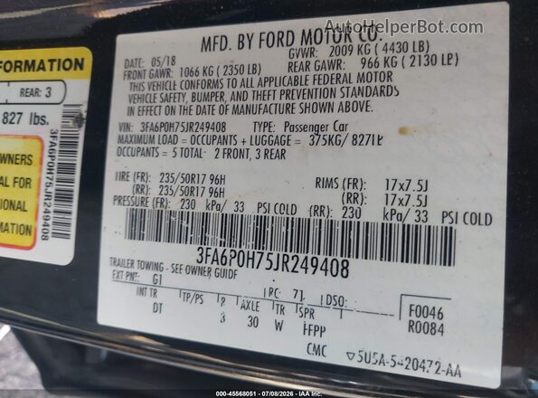 3FA6P0H75JR249408 2018 FORD FUSION Black ძრავის განყოფილების ხედი