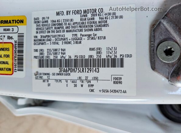 3FA6P0H75LR129143 2020 FORD FUSION White VIN sticker view