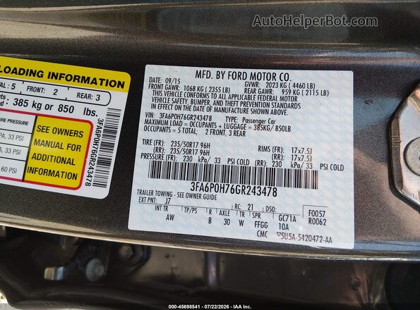 3FA6P0H76GR243478 2016 FORD FUSION Gray Շարժիչի բաժամունքի տեսք