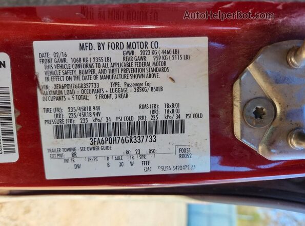3FA6P0H76GR337733 2016 FORD FUSION Red ძრავის განყოფილების ხედი