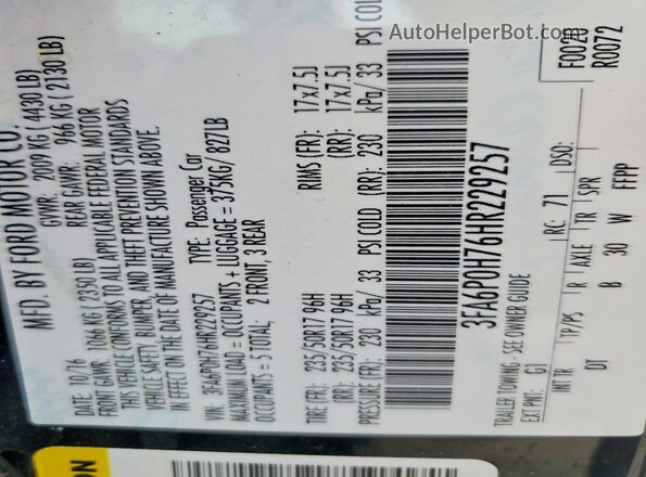 3FA6P0H76HR229257 2017 FORD FUSION Black ძრავის განყოფილების ხედი