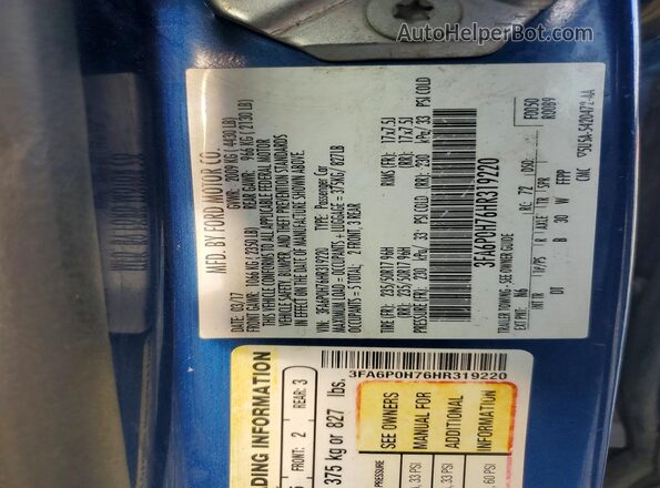 3FA6P0H76HR319220 2017 FORD FUSION Blue Engine compartment view