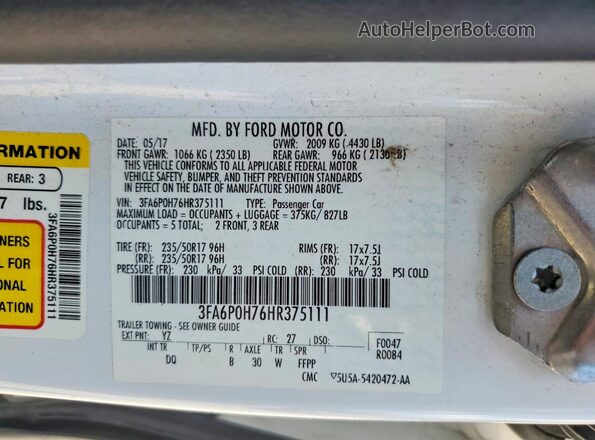 3FA6P0H76HR375111 2017 FORD FUSION White Вид підкапотного простору