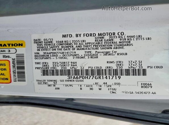 3FA6P0H77GR141719 2016 FORD FUSION Белый Вид подкапотного пространства
