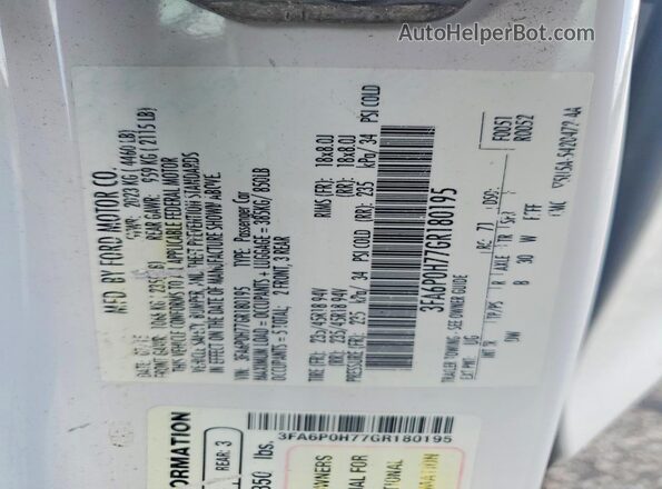 3FA6P0H77GR180195 2016 FORD FUSION White Widok komory silnika
