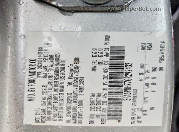 3FA6P0H77GR292432 2016 FORD FUSION White Vista de la etiqueta del VIN