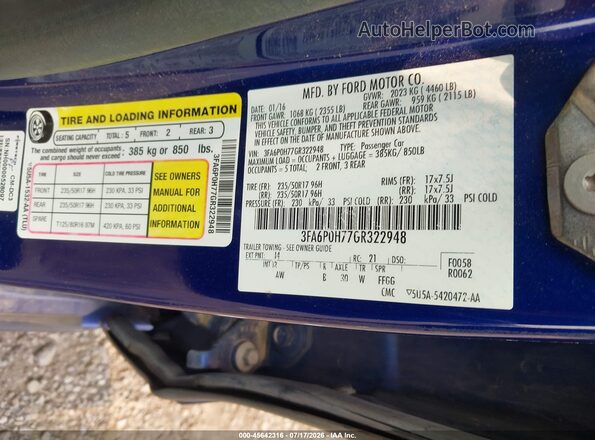 3FA6P0H77GR322948 2016 FORD FUSION Blue Вид підкапотного простору