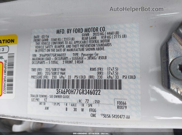 3FA6P0H77GR346022 2016 FORD FUSION White Vista del compartimento del motor