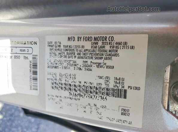 3FA6P0H77GR377366 2016 FORD FUSION Silver Vista del compartimento del motor