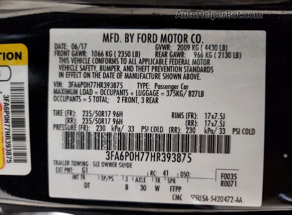 3FA6P0H77HR393875 2017 FORD FUSION Black ძრავის განყოფილების ხედი
