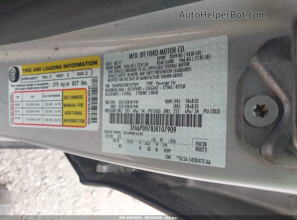 3FA6P0H78JR107909 2018 FORD FUSION Gray ძრავის განყოფილების ხედი