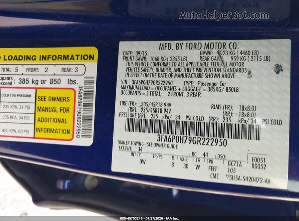 3FA6P0H79GR222950 2016 FORD FUSION Blue ძრავის განყოფილების ხედი
