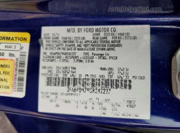 3FA6P0H79GR242227 2016 FORD FUSION Blue Vista de la etiqueta del VIN