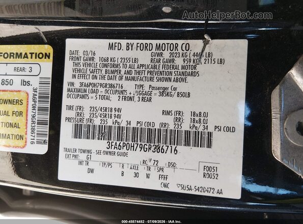 3FA6P0H79GR386716 2016 FORD FUSION Black Vista del compartimento del motor
