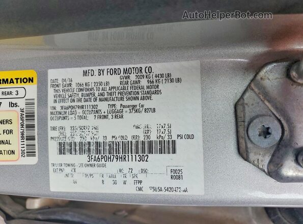 3FA6P0H79HR111302 2017 FORD FUSION Серебряный Вид подкапотного пространства