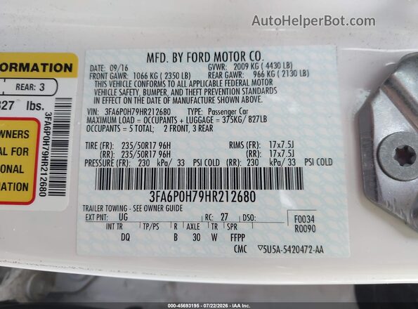 3FA6P0H79HR212680 2017 FORD FUSION White Engine compartment view