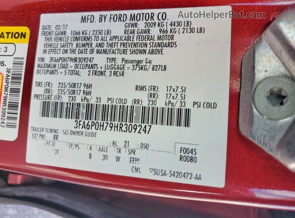 3FA6P0H79HR309247 2017 FORD FUSION Red Շարժիչի բաժամունքի տեսք