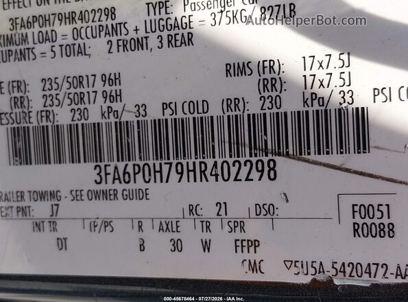 3FA6P0H79HR402298 2017 FORD FUSION Серый Вид подкапотного пространства
