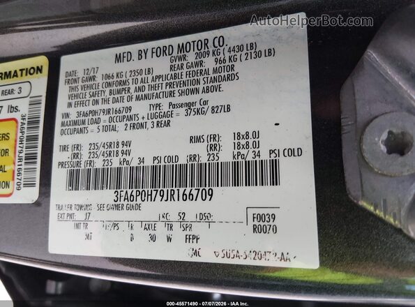 3FA6P0H79JR166709 2018 FORD FUSION Gray Widok komory silnika